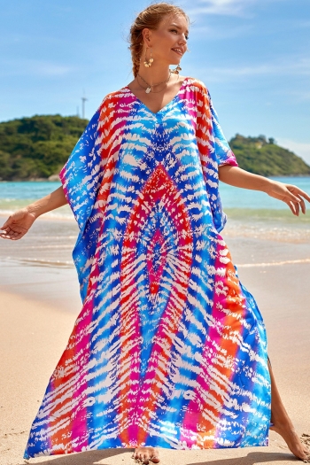 new multicolor graphic tropical style printing inelastic v-neck high-slit sexy beach dress cover-ups