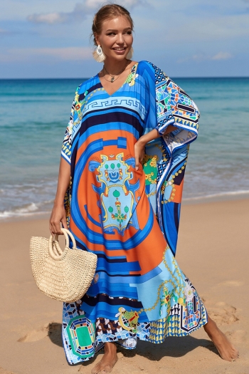 new multicolor graphic fixed printing inelastic v-neck high-slit sexy beach dress cover-ups