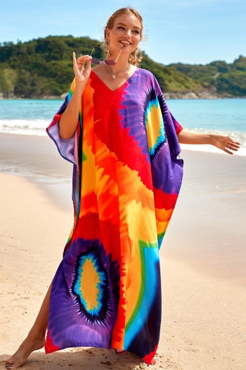 new multicolor tie-dye inelastic v-neck high-slit sexy beach dress cover-ups