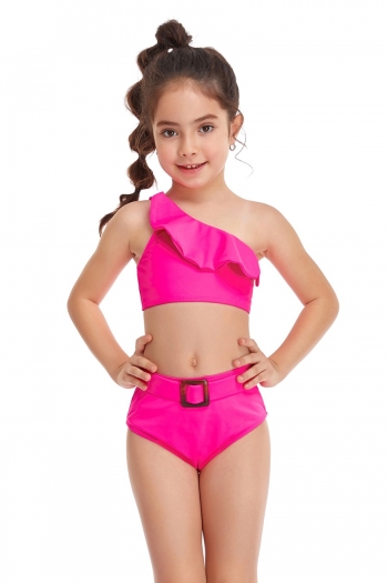 kid's plus size solid color parent-child unpadded one-shoulder adjustable straps ruffle stylish cute two-piece swimwear