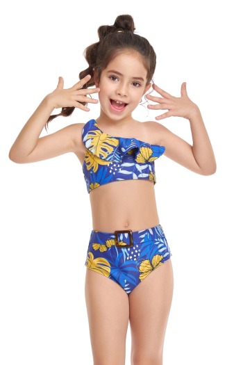 kid's plus size batch printing parent-child unpadded one-shoulder adjustable straps ruffle stylish cute two-piece swimwear 1#