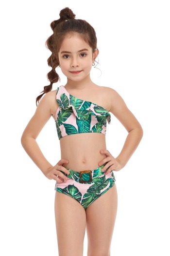 kid's plus size batch printing parent-child unpadded one-shoulder adjustable straps ruffle stylish cute two-piece swimwear 2#