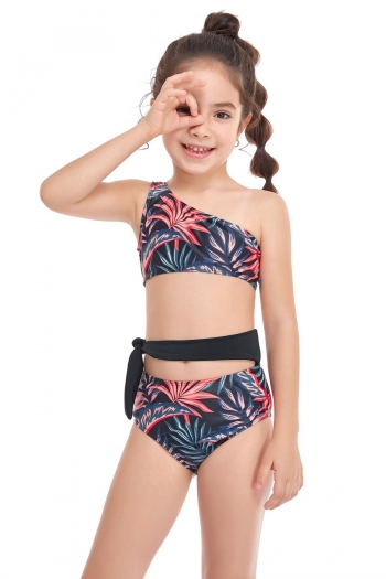 kid's plus size leaf printing spliced parent-child unpadded one-shoulder high waist lace-up stylish cute two-piece swimwear