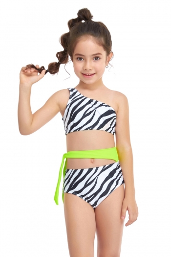kid's plus size zebra pattern spliced parent-child unpadded one-shoulder high waist lace-up stylish cute two-piece swimwear