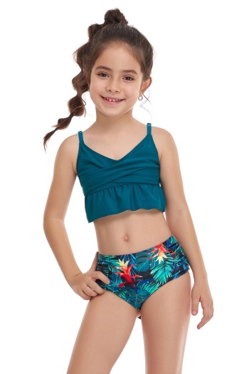 kid's plus size leaf printing parent-child unpadded adjustable straps ruffle stylish cute two-piece swimwear