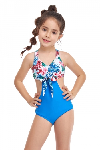 kid's plus size leaf flower printing spliced parent-child unpadded knotted stylish cute one-piece swimwear
