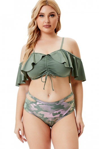 l-5xl new camo printing padded ajustable straps ruffle drawstring high waist hollow sexy stylish two-piece swimsuit
