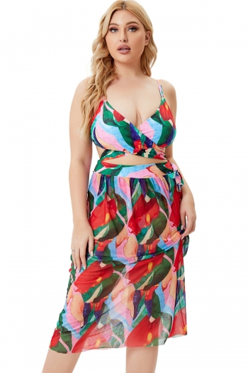 l-5xl multicolor batch printing padded adjustable straps deep v self-tie sexy three-piece swimsuit