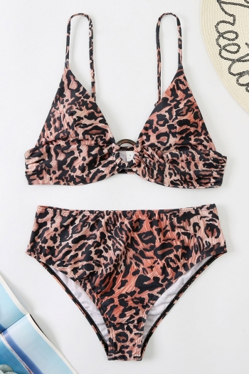 three colors leopard printing padded adjustable straps plastic-ring high waist triangle sexy two-piece swimwear