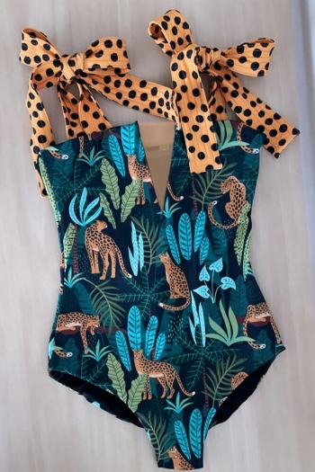 leopard plant batch printing mesh spliced padded tie-shoulder sexy high quality one-piece swimsuit