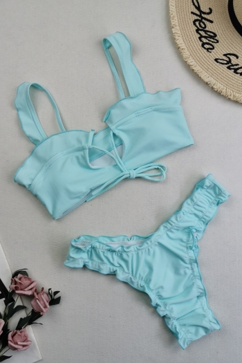 xs-l new solid color padded adjustable straps lace-up frill edge gathered sexy fresh two-piece swimsuit