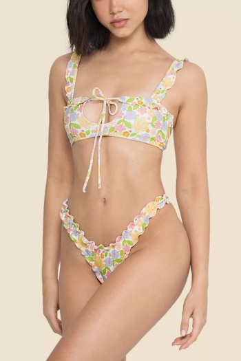 xs-l new flower batch printing padded adjustable straps lace-up frill edge gathered sexy fresh two-piece swimsuit 1#