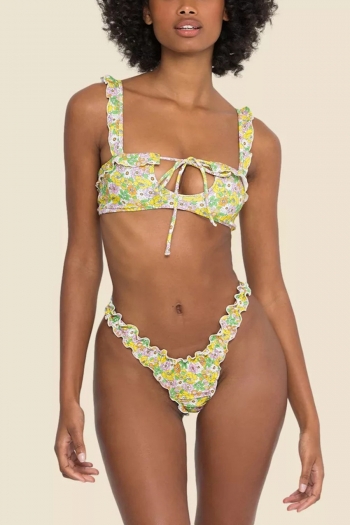xs-l new flower batch printing padded adjustable straps lace-up frill edge gathered sexy fresh two-piece swimsuit 3#