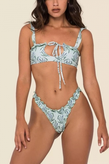 xs-l new flower batch printing padded adjustable straps lace-up frill edge gathered sexy fresh two-piece swimsuit 4#