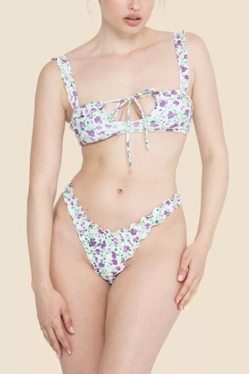 xs-l new flower batch printing padded adjustable straps lace-up frill edge gathered sexy fresh two-piece swimsuit 5#