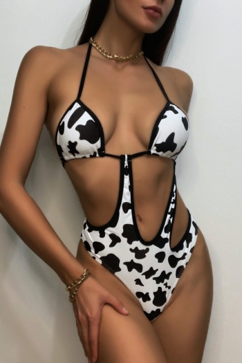 new cow pattern printing padded halter-neck hollow triangle sexy one-piece swimwear