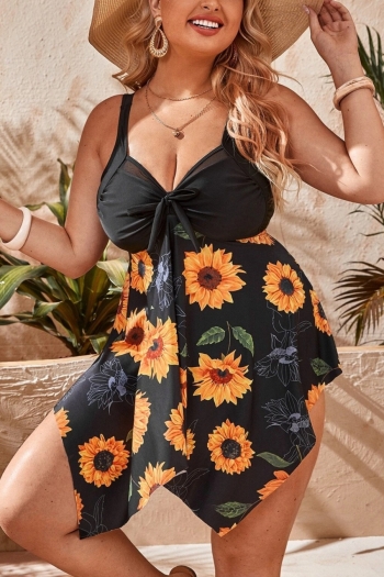l-4xl sunflower printing spliced padded adjustable straps high waist dress style sexy two-piece swimsuit