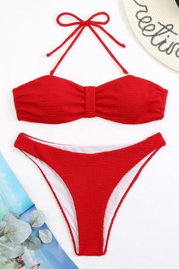 pure color texture padded halter-neck sexy fresh two-piece bikini