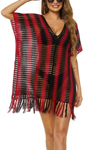 summer new four colors hollow stripe knitted v-neck tassel sexy bech cover-ups (without lining)