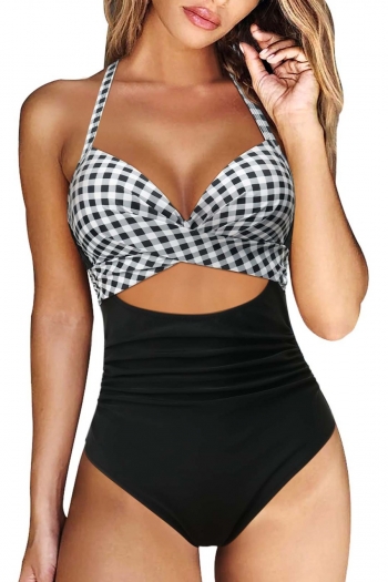 new plus size black lattice spliced padded adjustable straps hollow pleated sexy fresh one-piece swimsuit