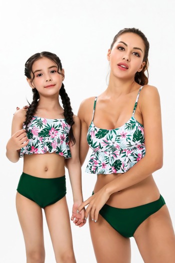 kid parent-child new flower leaf batch printing adjustable straps ruffle stylish cute two-piece swimsuit (size s-l without padded,size xl-3xl with padded)
