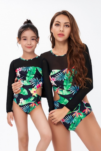 mom parent-child new batch printing spliced padded long-sleeve hollow sexy surfing one-piece swimsuit