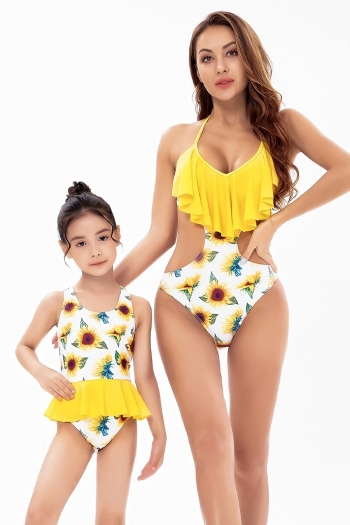 kid parent-child new sunflower batch printing spliced ruffle stylish cute one-piece swimsuit (size s-l without padded,size xl-3xl with padded)