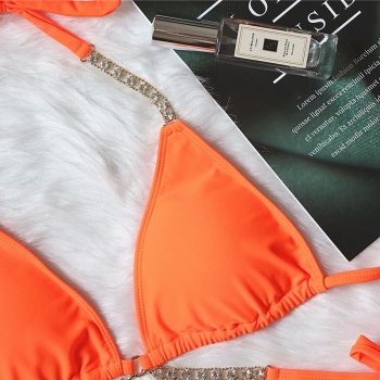 New solid color orange rhinestone decor padded halter-neck self-tie triangle sexy exquisite two-piece swimwear