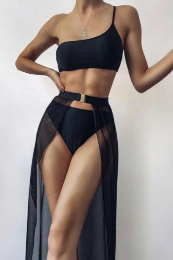 New solid color padded one-shoulder adjustable strap sexy two-piece bikini with see through metal-buckle skirt