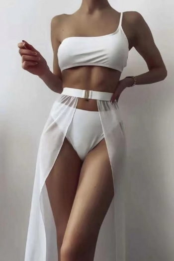New solid color padded one-shoulder adjustable strap sexy two-piece bikini with see through metal-buckle skirt