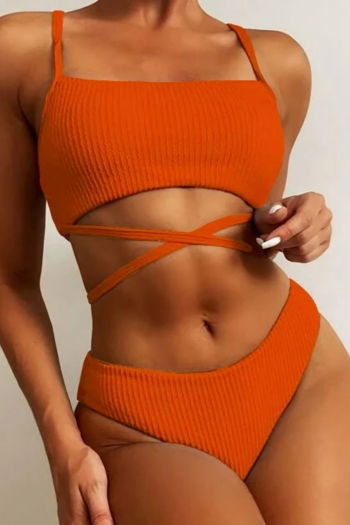 pure color orange texture padded adjustable straps lace-up sexy two-piece bikini
