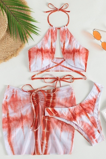 New tie-dye padded halter-neck self-tie sexy two-piece bikini with drawstring beach skirt