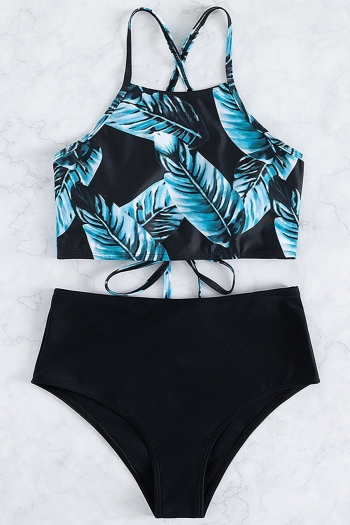 New three colors leaf batch printing padded high waist sling self-tie sexy two-piece swimwear