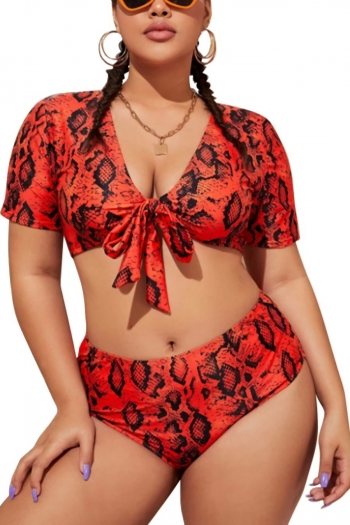 XL-4XL plus size new snake batch printing padded lace-up short sleeves high-waisted sexy two-piece swimsuit 