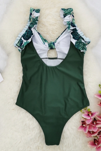 New leaf batch printing patchwork padded ruffle backless knotted sexy high quality one-piece swimsuit