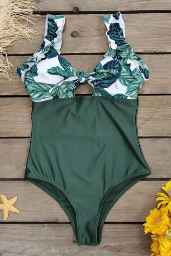 New leaf batch printing patchwork padded ruffle backless knotted sexy high quality one-piece swimsuit