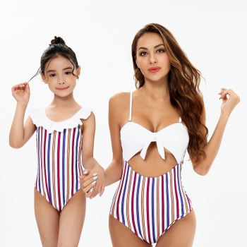 mom parent-child new striped patchwork padded adjustable straps hollow sexy one-piece swimsuit