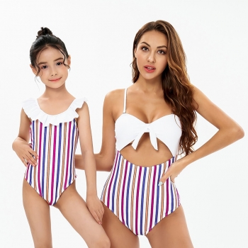 kid parent-child new striped patchwork adjusrable straps ruffle bowknot stylish cute one-piece swimsuit (size s-l without padded,size xl-3xl with padded)