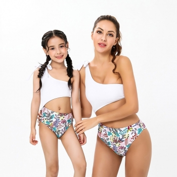 Mom parent-child new leaf batch printing white patchwork padded one-shoulder hollow sexy one-piece swimwear