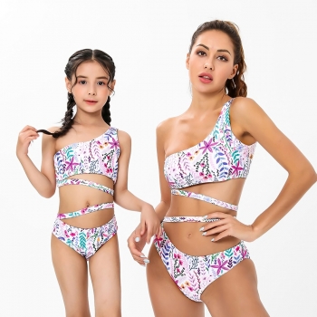 Mom parent-child new batch printing padded one shoulder hollow sexy one-piece swimsuit