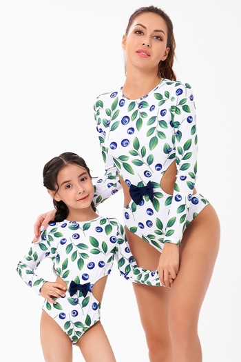 mom parent-child new leaf batch printing padded long-sleeve bowknot hollow sexy surfing one-piece swimwear