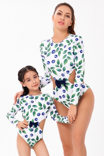 kid parent-child new leaf batch printing long-sleeve bowknot hollow cute one-piece swimwear (size s-l without padded,size xl-3xl with padded)