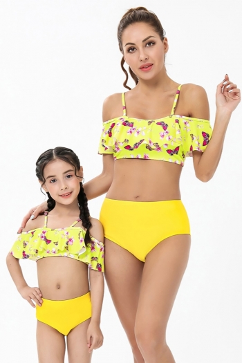 mom parent-child new flower butterfly batch printing padded adjustable straps high waist ruffle sexy fresh two-piece swimwear