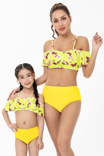 kid parent-child new flower butterfly batch printing adjustable straps ruffle cute two-piece swimsuit (size s-l without padded,size xl-3xl with padded)