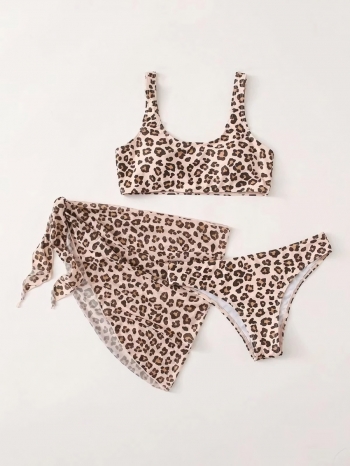 Leopard printing padded sexy two-piece bikini with tie side beach skirt