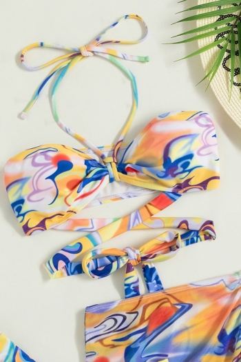 New batch printing padded halter-neck self-tie drawstring sexy three-piece swimsuit