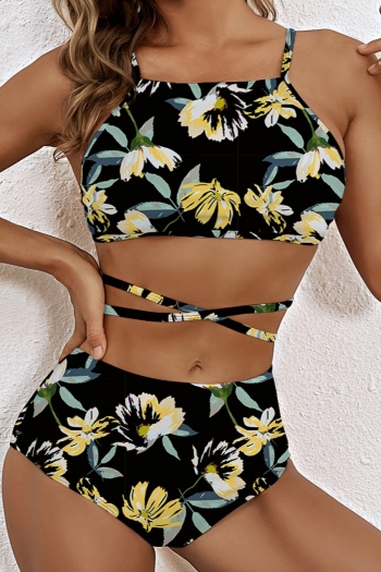 New flower batch printing padded high waist backless self-tie sexy two-piece swimsuit