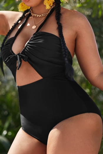 L-4XL plus size solid color orange padded halter-neck lace-up hollow backless sexy one-piece swimsuit