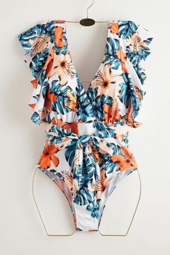 new flower leaf batch printing padded deep v ruffle sexy one-piece swimsuit with belt