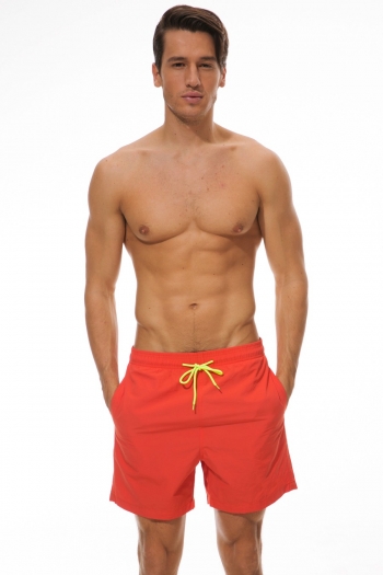 xs-2xl men new solid color orange inelastic tie-waist pockets flat angle mesh lining stylish fast dry beach shorts